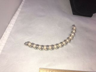 Vtg.  Crown Trifari Faux Pearl & Clear Rhinestone Silver Tone Link Bracelet