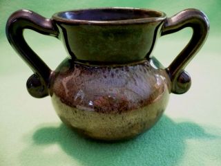 Vintage Canada Elwill Art Pottery Double Handle Cup.  Green Brown Speckle Glaze.
