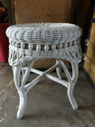 Vintage Wicker White Plant Stand Foot Stool Table 17 1/2 " Tall