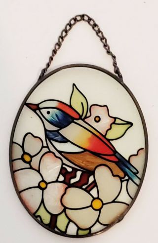 Vintage Oval Faux Stained Glass Suncatcher Garden Window Flowers Bird Decor