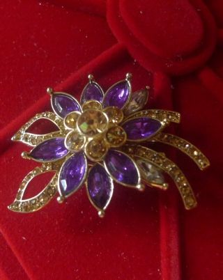 Vintage Purple Rhinestone Brooch Big Flower - Estate - Gorgeous - 2 Post All