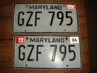 Pair Vintage Maryland 1986 License Plates Gzf 795