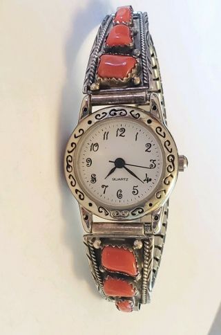 Vtg Native American Sterling Silver & Coral Ladies Watch