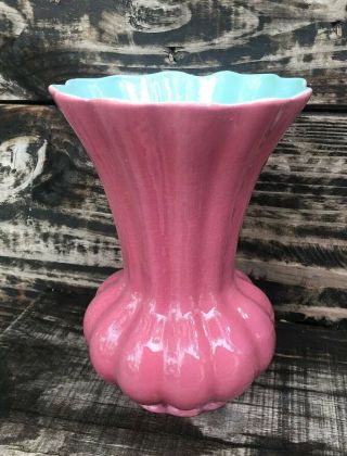 Vintage Weil Ware California Pottery Vase 708 Mauve W/ Aqua Interior 8”