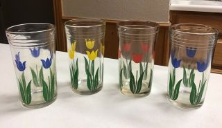 Set Of 4 Vintage: 1 Red,  2 Blue & 1 Yellow Tulip Swanky Swig Juice Glasses