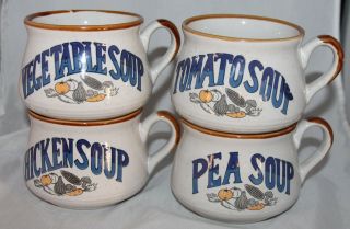 4 Vintage Speckled Cups Mugs Tomato Vegetable Pea Chicken Soup Blue Brown