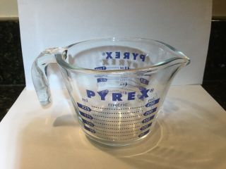 Vintage Pyrex Clear Glass & Blue Print Measuring 1 Cup H 23 Made In Usa 250ml