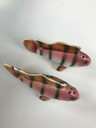 Vintage Japan Ceramic Pink And Green Fish Salt And Pepper Shakers