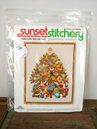 1978 Sunset Stitchery Christmas Tree Fantasy Crewel Kit Vintage 16 " X 20 " 1970s