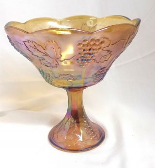 Vintage Indiana Amber Carnival Glass Compote Grape Pedestal Fruit Dish Bowl 8.  5 "