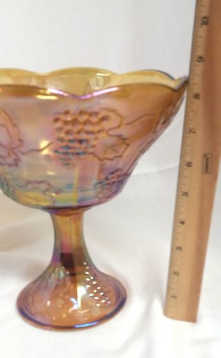 Vintage Indiana Amber Carnival Glass Compote Grape Pedestal Fruit Dish Bowl 8.  5 