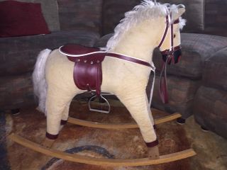 Vintage Child Rocking Horse W/wood Rocker,  Corduroy Thick Fabric,  Leather Saddle