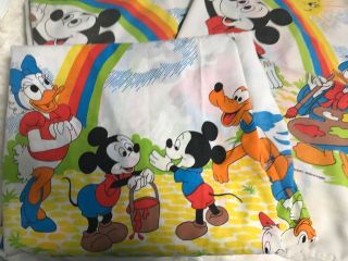 Vtg Walt Disney Mickey Mouse Donald Duck Rainbow Sheet Set Twin Pacific Made Usa