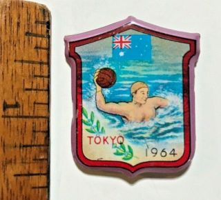 1964 Vintage Tokyo Olympic Games Water Polo Australia Tin Toy Pin Badge Nm