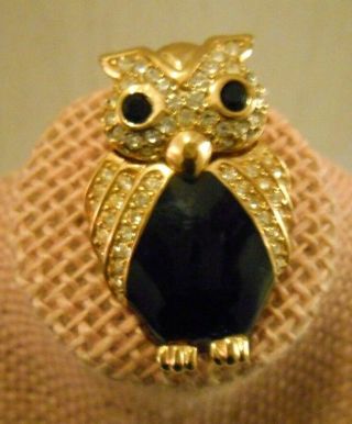 Vintage Signed Swarovski S.  A.  L.  Silver Crystals Black Enamel Owl Brooch/ Pin