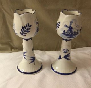 Vintage Porcelain White Blue Tulip Candleholder Delftware By Elestive Holland.