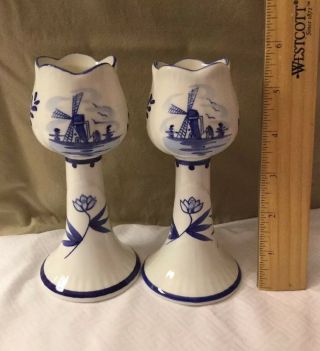 Vintage Porcelain White Blue Tulip Candleholder Delftware by Elestive Holland. 2