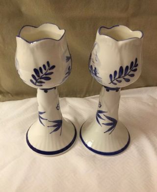 Vintage Porcelain White Blue Tulip Candleholder Delftware by Elestive Holland. 3