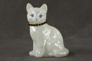 Vintage Art Glass Fenton White Iridescent Birthday Sitting Calendar Cat July
