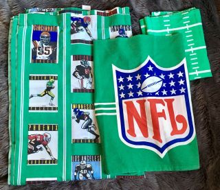 Nfl Football 3 Piece Green Twin Flat Sheet Pillowcases Fabric Vintage 80’s Vtg