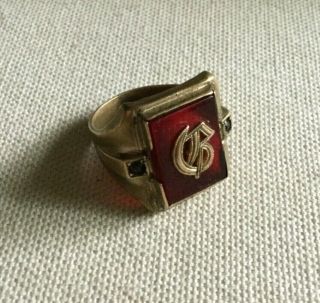 Vintage Men’s Brass Ring W/ Monogram G? - Ruby Red Plastic & 2 Stones