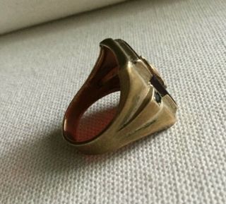 Vintage Men’s Brass Ring w/ Monogram G? - Ruby Red Plastic & 2 Stones 5