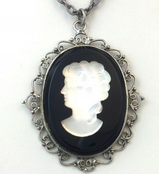 Vintage Cameo Necklace Pendant Filigree Metal Frame Silver Tone Metal Chain
