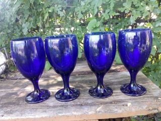 Vintage Set Of Four (4) Cobalt Blue 7 " Glass Stemmed Wine Goblets