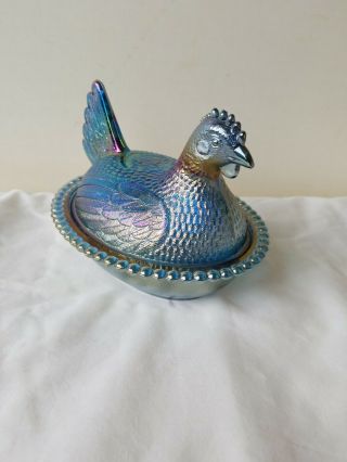 Vintage Iridescent Blue Carnival Glass Hen Chicken On Nest Covered Candy Dish
