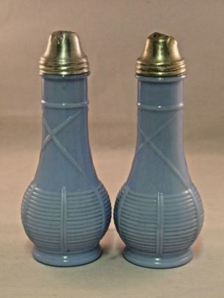 Vintage Jeannette Blue Milk Glass Salt And Pepper Shakers Basketweave Pattern