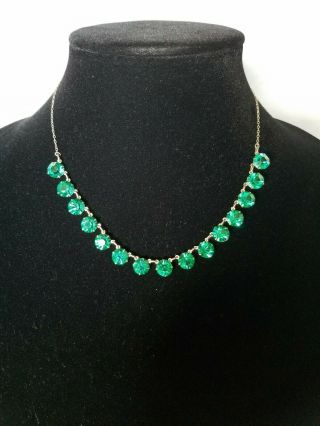 Vintage Sterling Silver Necklace With Emerald Green Glass Stones 17in Long,  8in