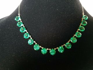 Vintage Sterling Silver Necklace With Emerald Green Glass Stones 17in Long,  8in 2
