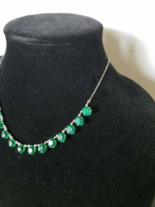 Vintage Sterling Silver Necklace With Emerald Green Glass Stones 17in Long,  8in 3
