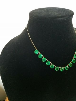 Vintage Sterling Silver Necklace With Emerald Green Glass Stones 17in Long,  8in 4
