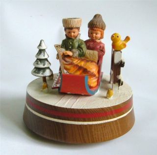 Vintage Anri Revolving Music Box Russian Boy Girl In Sled Hand Paint Carved Wood