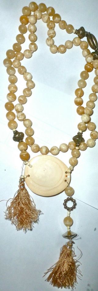 Vtg Africa Alabaster Sterling Silver Trade Beads 2 Mala Petrified Wood Necklace