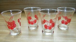 Set Of 4 - 1950s Vintage Libbey Red Cherry Glasses,  Retro Vintage