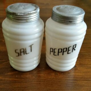 Vintage Beehive Rib Salt & Pepper Shakers Milk Glass With Black Letters