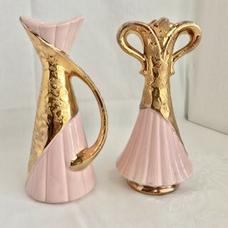 Vintage Mid Century Savoy Pottery Pink And Gold Weeping Vase And Pitcher Set