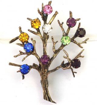 Vintage Tree Of Life Brooch Sterling Silver Colorful Rhinestone Accents 8 Grams