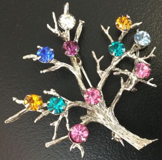 Vintage Tree Of Life Brooch Sterling Silver Colorful Rhinestone Jewelry 8 Grams