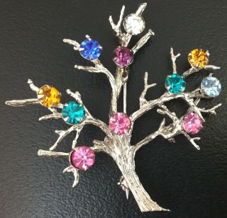 VINTAGE TREE OF LIFE BROOCH STERLING SILVER COLORFUL RHINESTONE JEWELRY 8 GRAMS 2