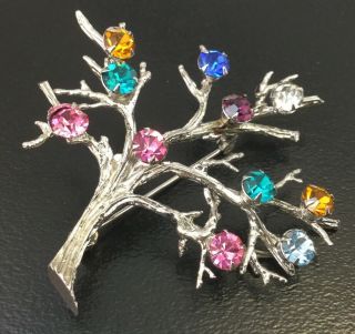 VINTAGE TREE OF LIFE BROOCH STERLING SILVER COLORFUL RHINESTONE JEWELRY 8 GRAMS 3