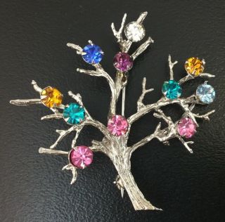 VINTAGE TREE OF LIFE BROOCH STERLING SILVER COLORFUL RHINESTONE JEWELRY 8 GRAMS 5