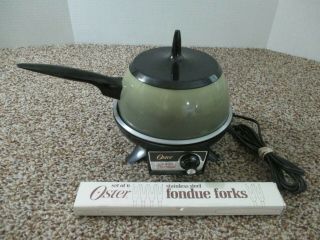 Vintage Oster Electric Fondue Avocado Green Pot Base Lid 6 Color Coded Forks Euc