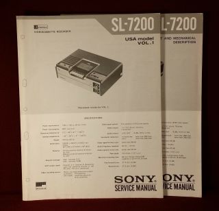 Sony Model Sl - 7200 Betamax Videocassette Recorder Service Manuals