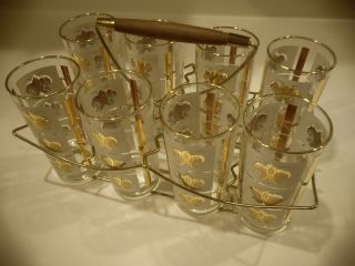 Vintage Set Of 8 Ice Tea Drinking Glasses Gold Trim & Caddy - Carrier Mid - Century