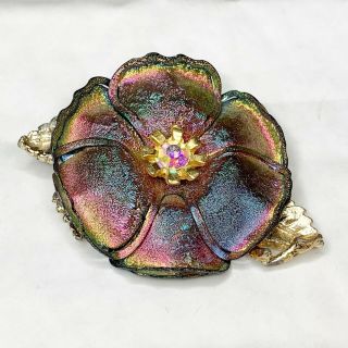 Vintage Ladies Costume Jewellery Pin Brooch Large Coppered Bright Gem Set Flower