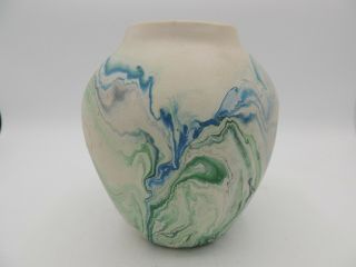 Vintage Nemadji Pottery Vase Turquoise Swirled Painted Older Mark