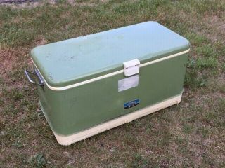 Vintage Thermos Olive Green Metal Camping Picnic Cooler W/ Bottle Openers Big